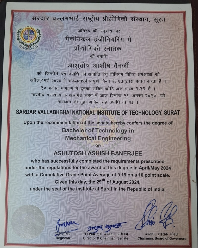 Bachelor of Technology degree certificate in Mechanical Engineering awarded to Ashutosh Ashish Banerjee by Sardar Vallabhbhai National Institute of Technology, Surat, in April/May 2024 with a cumulative grade point average of 9.19 on a 10 point scale